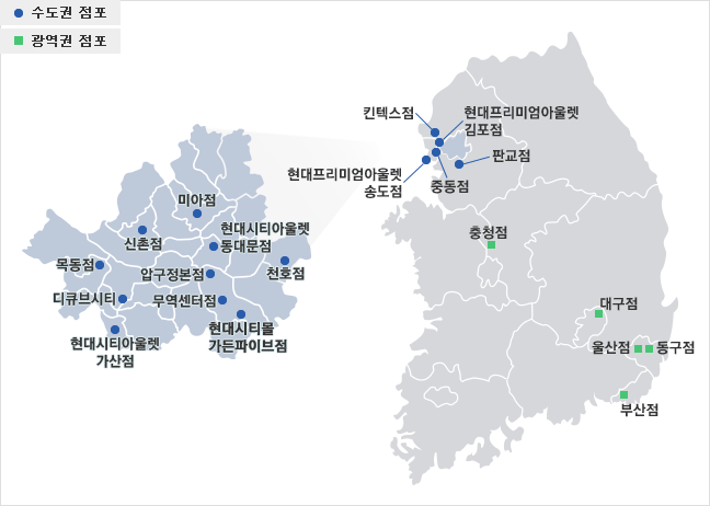 현대백화점 수도권 점포에는 압구정본점, 무역센터점, 천호점, 신촌점, 미아점, 목동점, 중동점, 킨텍스점, 디큐브시티, 판교점, 현대프리미엄아울렛 김포점, 현대프리미엄아울렛 송도점, 현대시티아울렛 가산점, 현대시티아울렛 동대문점, 현대시티몰 가든파이브점이 있으며, 광역권 점포에는 충청점, 대구점, 현대시티아울렛 대구점, 현대프리미엄아울렛 대전점, 울산점, 동구점, 부산점이 있습니다.