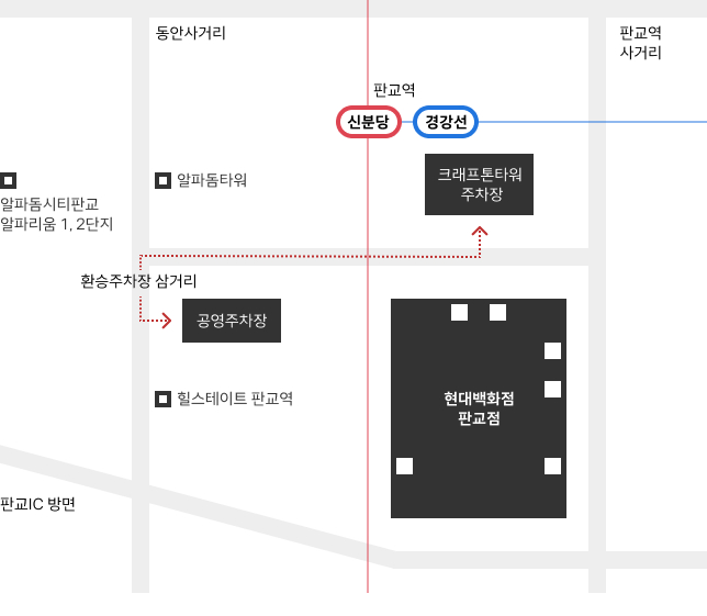 판교역 오른쪽 크래프톤타워 주자창, 도로 아래에 공영주차장, 공영주차장 오른쪽 현대백화점 판교점