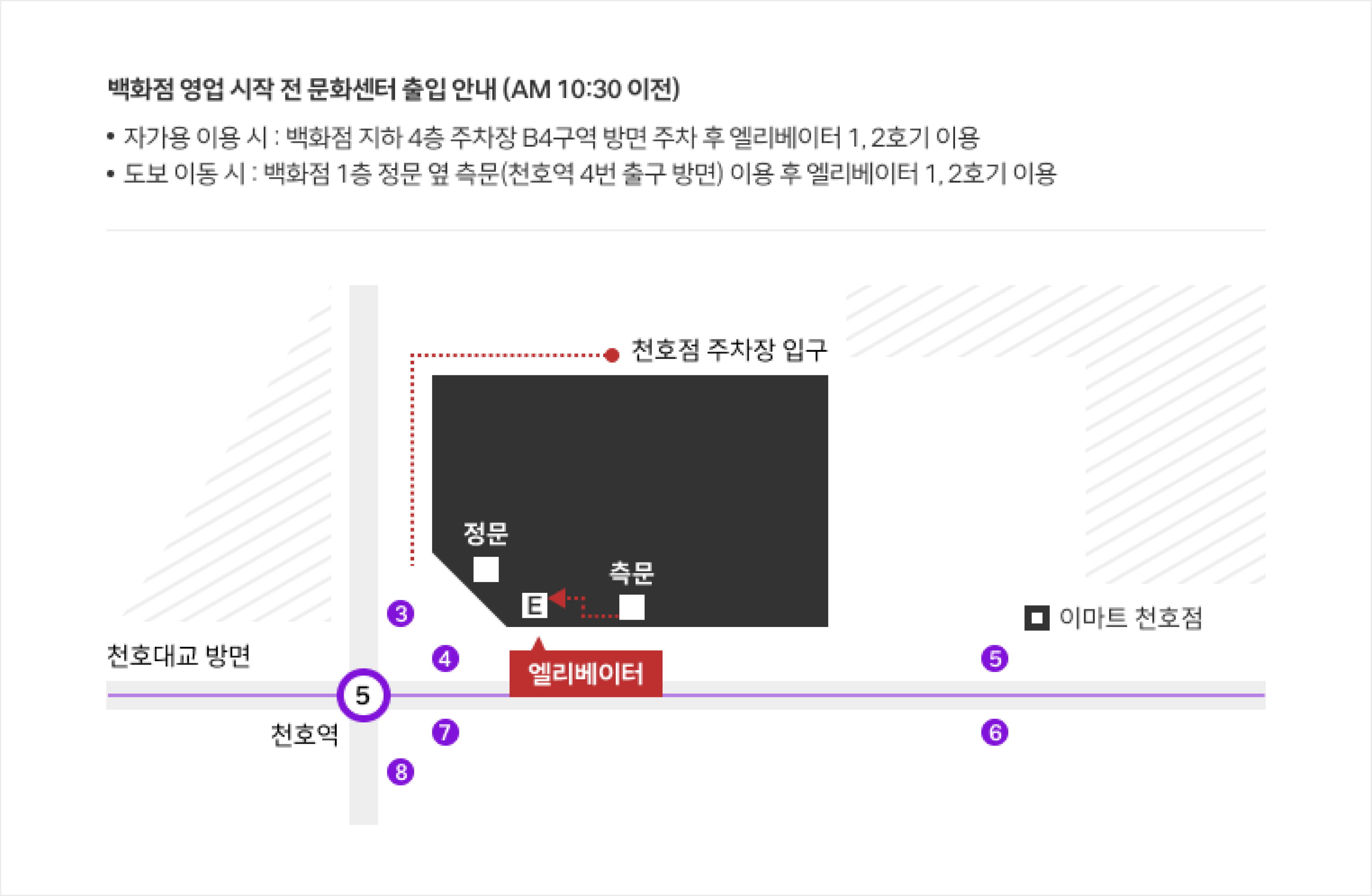 백화점 영업 시작 전 문화센터 출입 안내(AM 10:30 이전) : 도보 이용 시 백화점 1층 정문 옆 측면(천호역 4번 출구 방면) 이용 후 엘리베이터 1,2호기 이용. 자가용 이용 시 백화점 지하 4층 주차장 B4구역 방면 주차 후 엘리베이터 1,2호기 이용하시면 됩니다. 백화점 정문앞에 지하철 5호선 천호역 3,4번 출구가 있습니다.